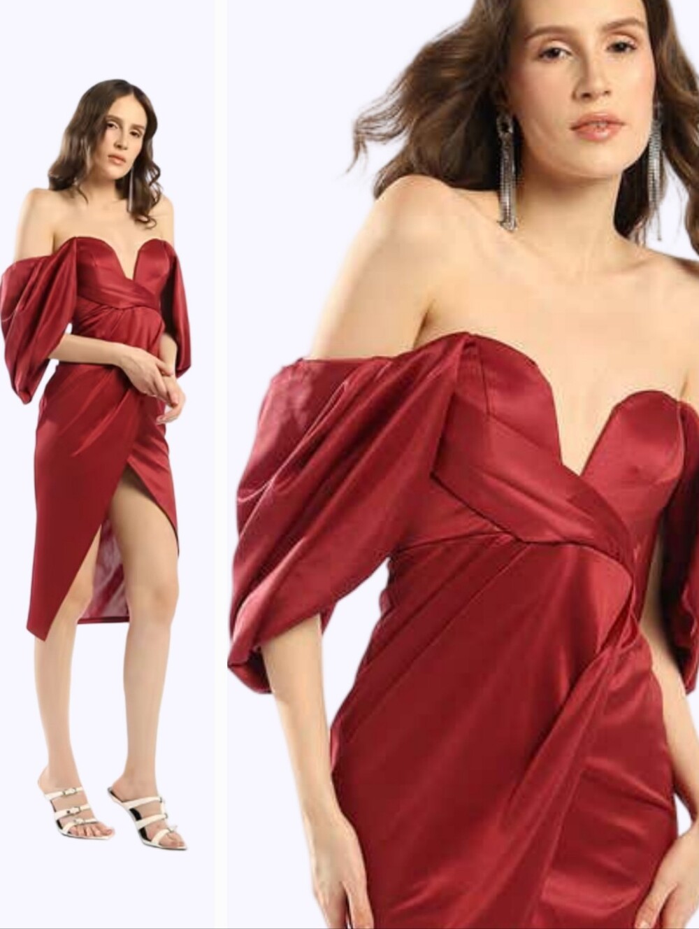 ASOS DESIGN Burgundy Satin Off Shoulder Puff Sleeve Plunge Midi Dressโ US 4 NEW